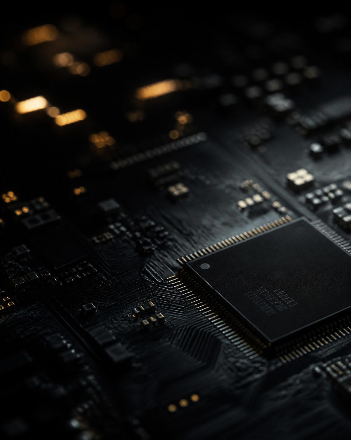 Macro photograph of a circuit board with warm amber highlights
