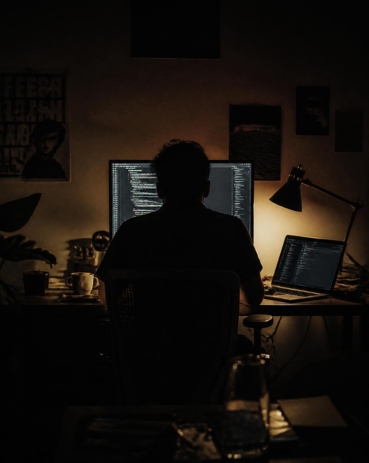 A lone figure silhouetted against glowing screens late at night